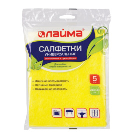 Салфетки универсальные, 30х38 см, комплект 5 шт., 90 г/м2, вискоза (ИПП), желтые, ЛАЙМА